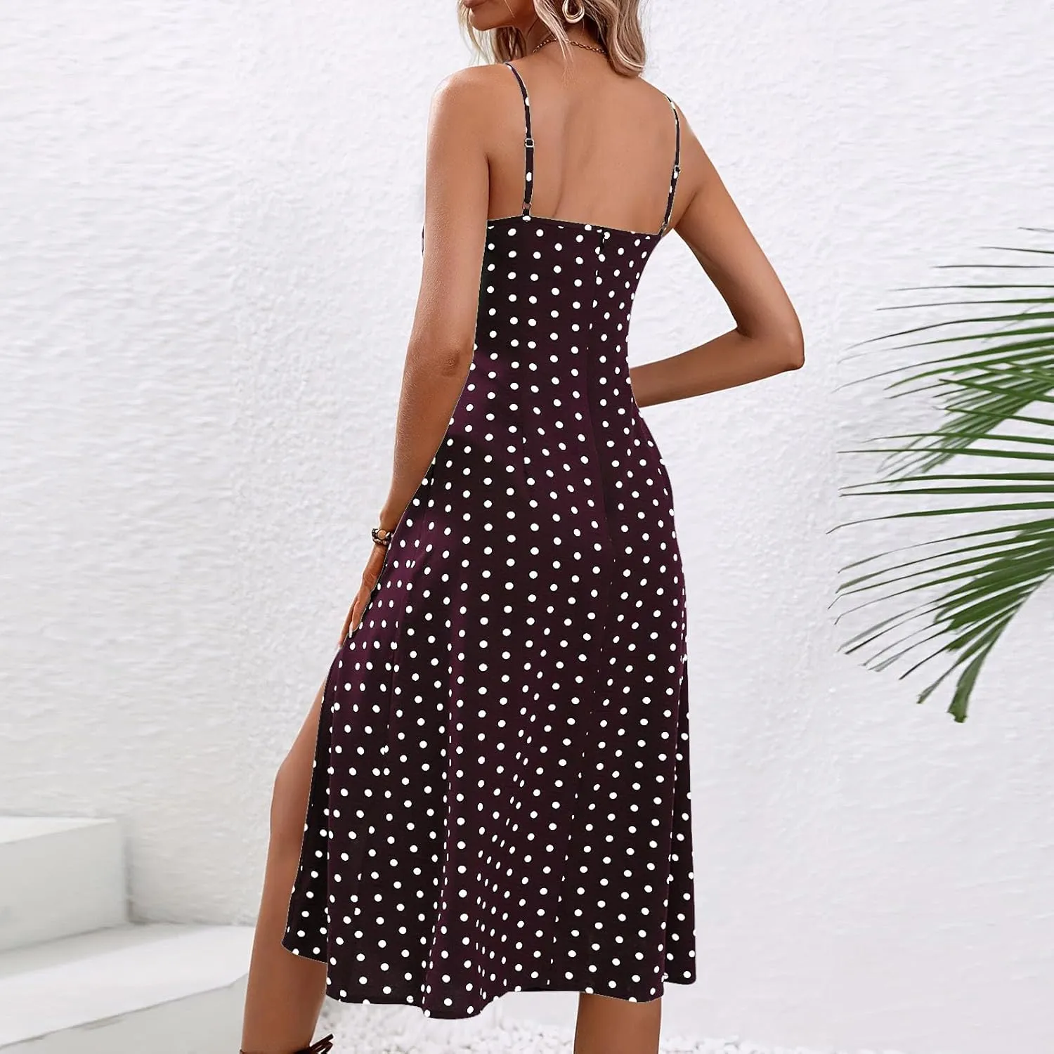 Spaghetti Strap Dresses for Women 2025 Polka Dot Dress Trendy Sleeveless Slit Summer Sundress Beach Holiday Sexy Dress