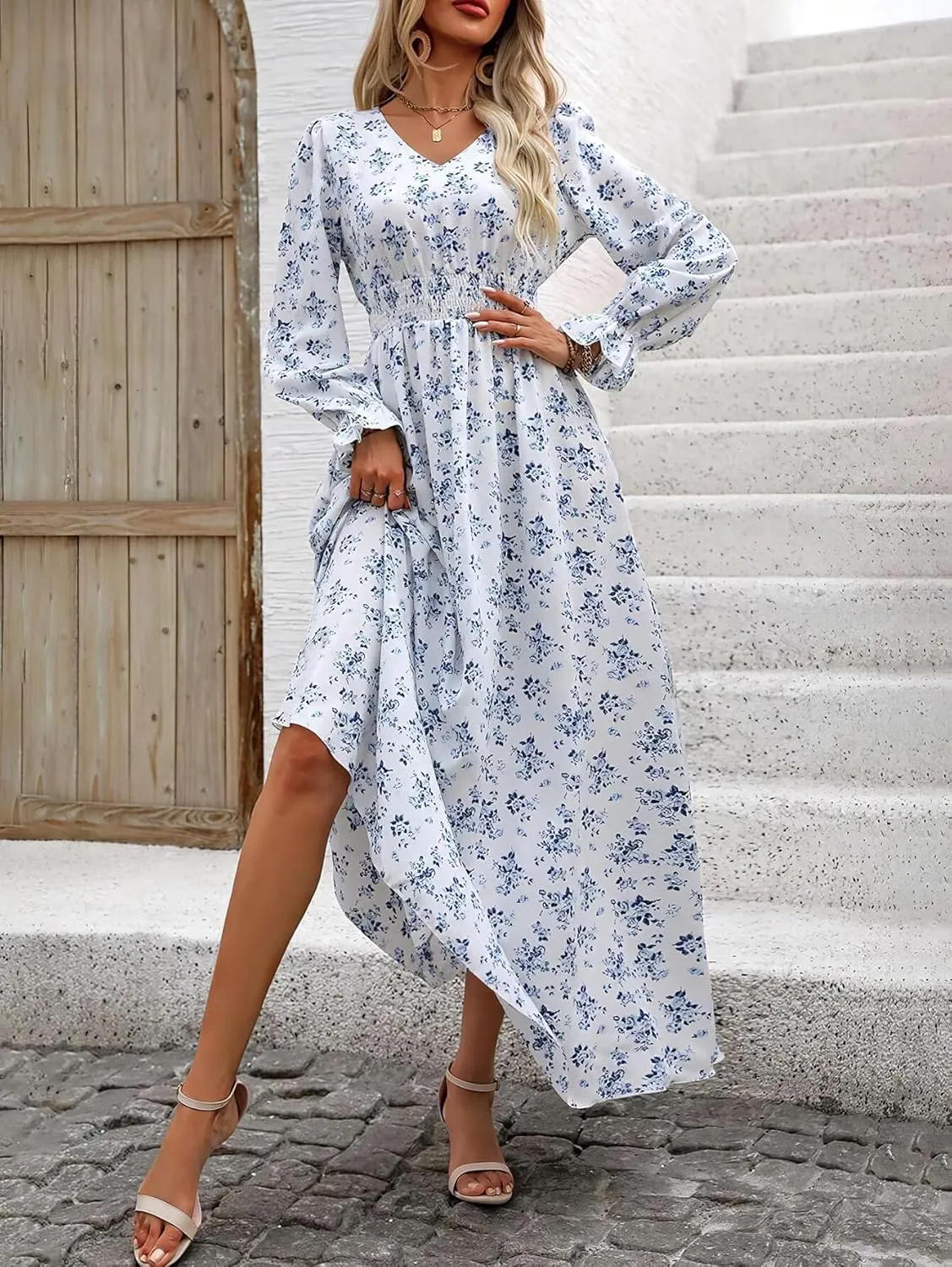 Spevert Women's Fall V Neck Midi Dress Long Sleeve Flowy Casual Elastic Hight WAIS A-Line Boho Floral Dresses