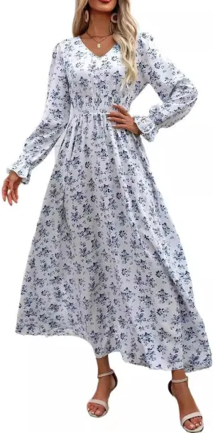 Spevert Women's Fall V Neck Midi Dress Long Sleeve Flowy Casual Elastic Hight WAIS A-Line Boho Floral Dresses