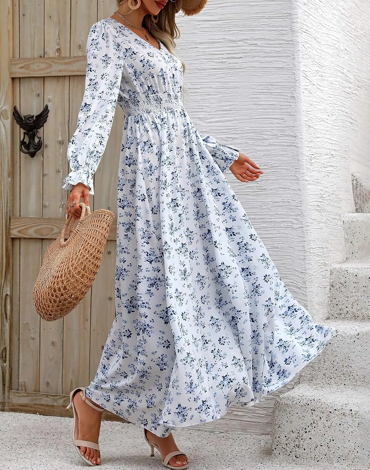 Spevert Women's Fall V Neck Midi Dress Long Sleeve Flowy Casual Elastic Hight WAIS A-Line Boho Floral Dresses