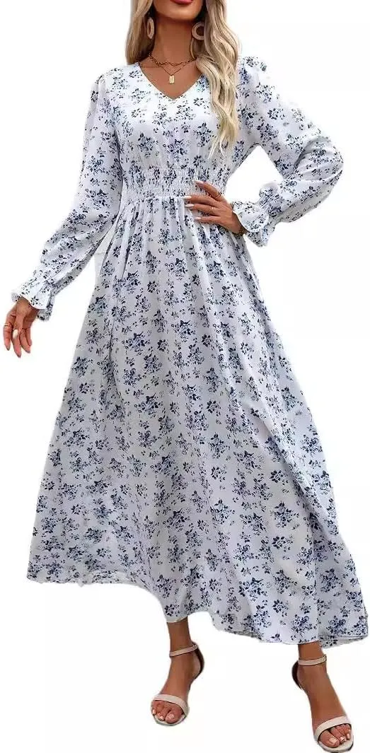 Spevert Women's Fall V Neck Midi Dress Long Sleeve Flowy Casual Elastic Hight WAIS A-Line Boho Floral Dresses