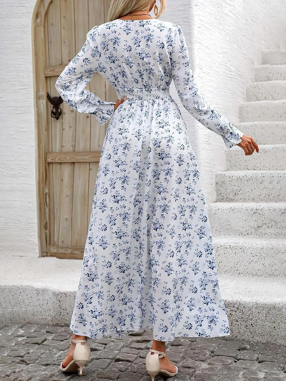 Spevert Women's Fall V Neck Midi Dress Long Sleeve Flowy Casual Elastic Hight WAIS A-Line Boho Floral Dresses