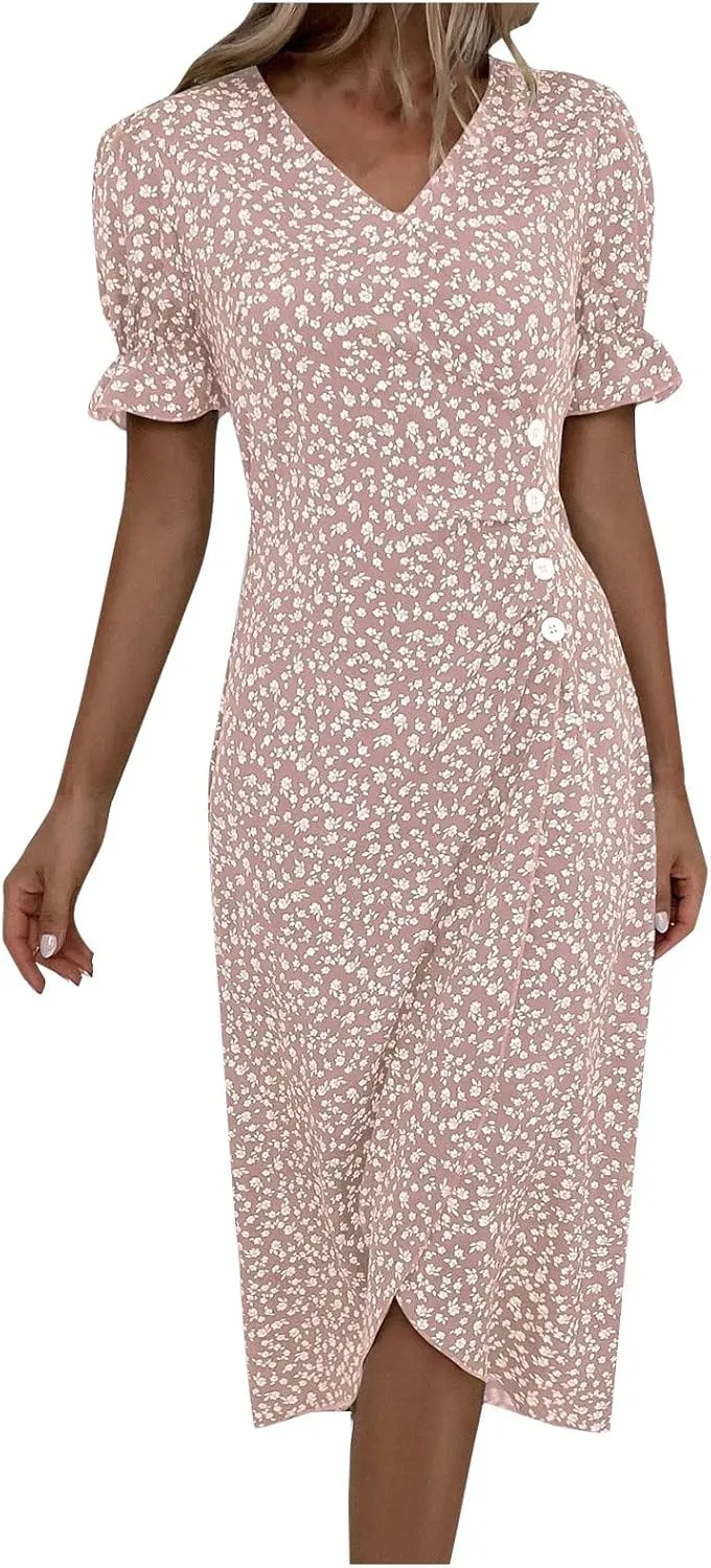 Spring Dresses for Women 2025 Fashion Floral Print V Neck 3/4 Sleeve Dress High Waist Boho Dresses Wrap Maxi Dress