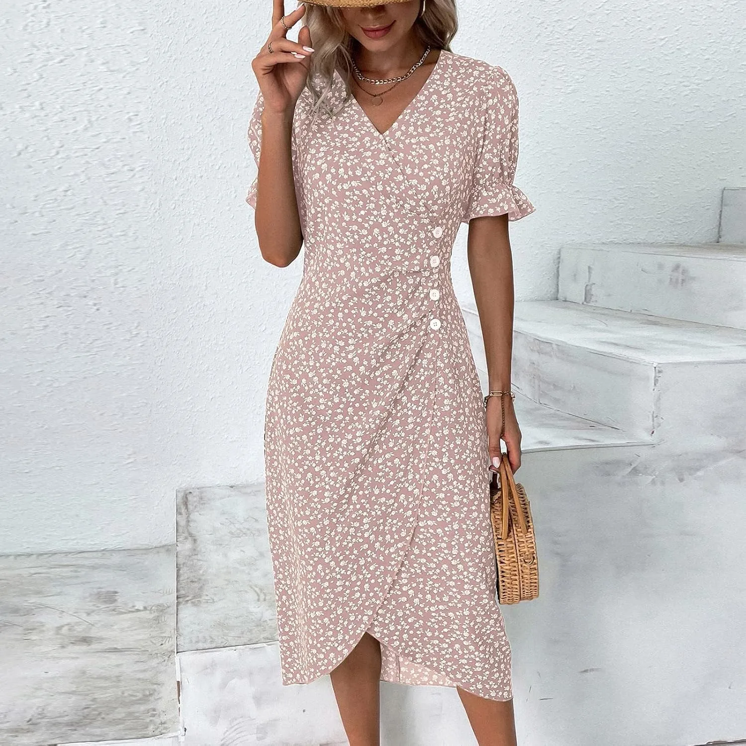 Spring Dresses for Women 2025 Fashion Floral Print V Neck 3/4 Sleeve Dress High Waist Boho Dresses Wrap Maxi Dress