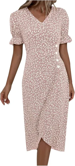 Spring Dresses for Women 2025 Fashion Floral Print V Neck 3/4 Sleeve Dress High Waist Boho Dresses Wrap Maxi Dress
