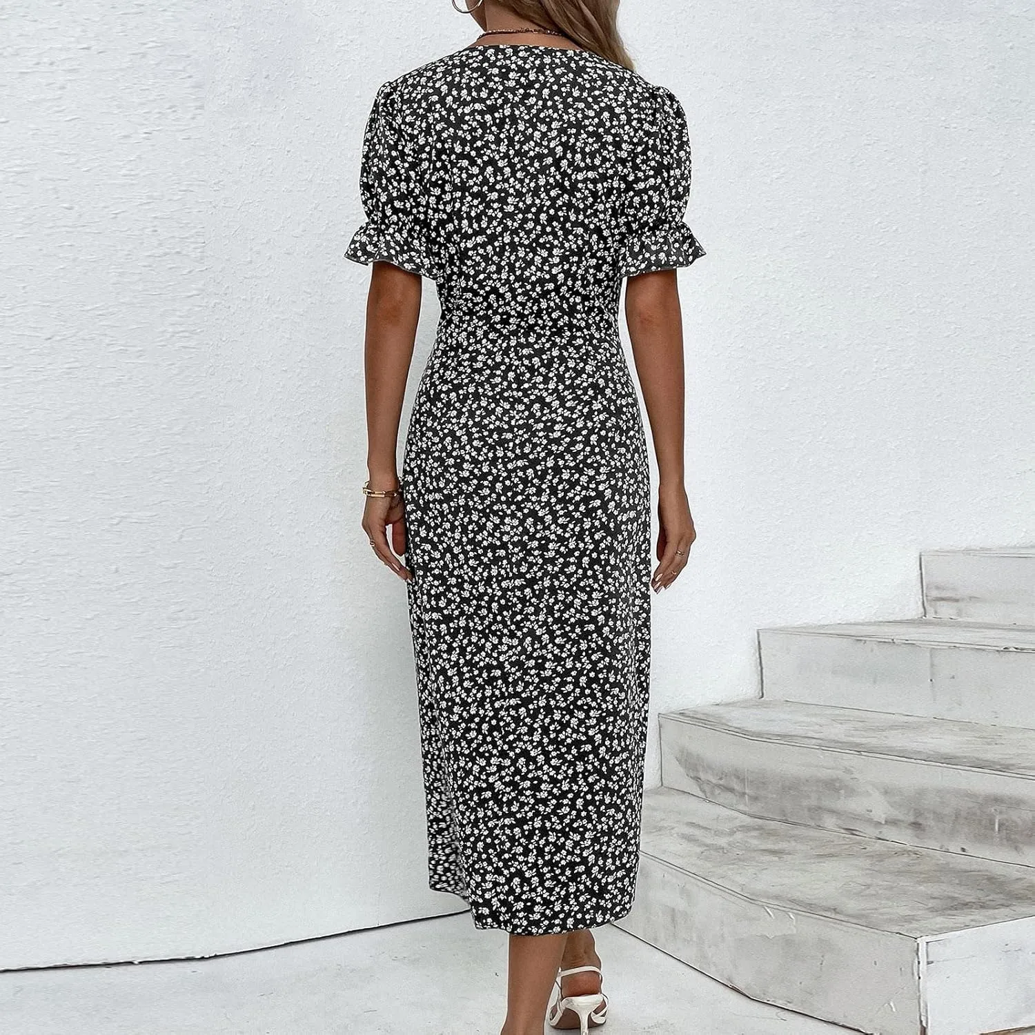Spring Dresses for Women 2025 Fashion Floral Print V Neck 3/4 Sleeve Dress High Waist Boho Dresses Wrap Maxi Dress