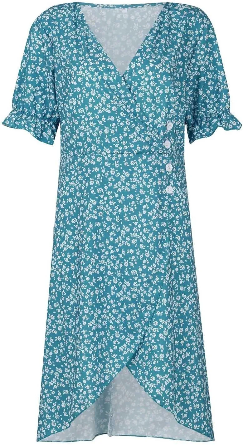 Spring Dresses for Women 2025 Fashion Floral Print V Neck 3/4 Sleeve Dress High Waist Boho Dresses Wrap Maxi Dress