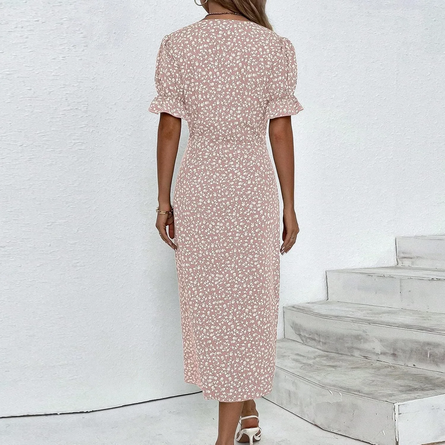 Spring Dresses for Women 2025 Fashion Floral Print V Neck 3/4 Sleeve Dress High Waist Boho Dresses Wrap Maxi Dress