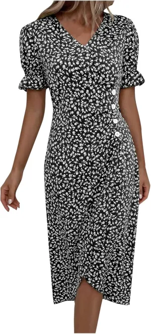 Spring Dresses for Women 2025 Fashion Floral Print V Neck 3/4 Sleeve Dress High Waist Boho Dresses Wrap Maxi Dress