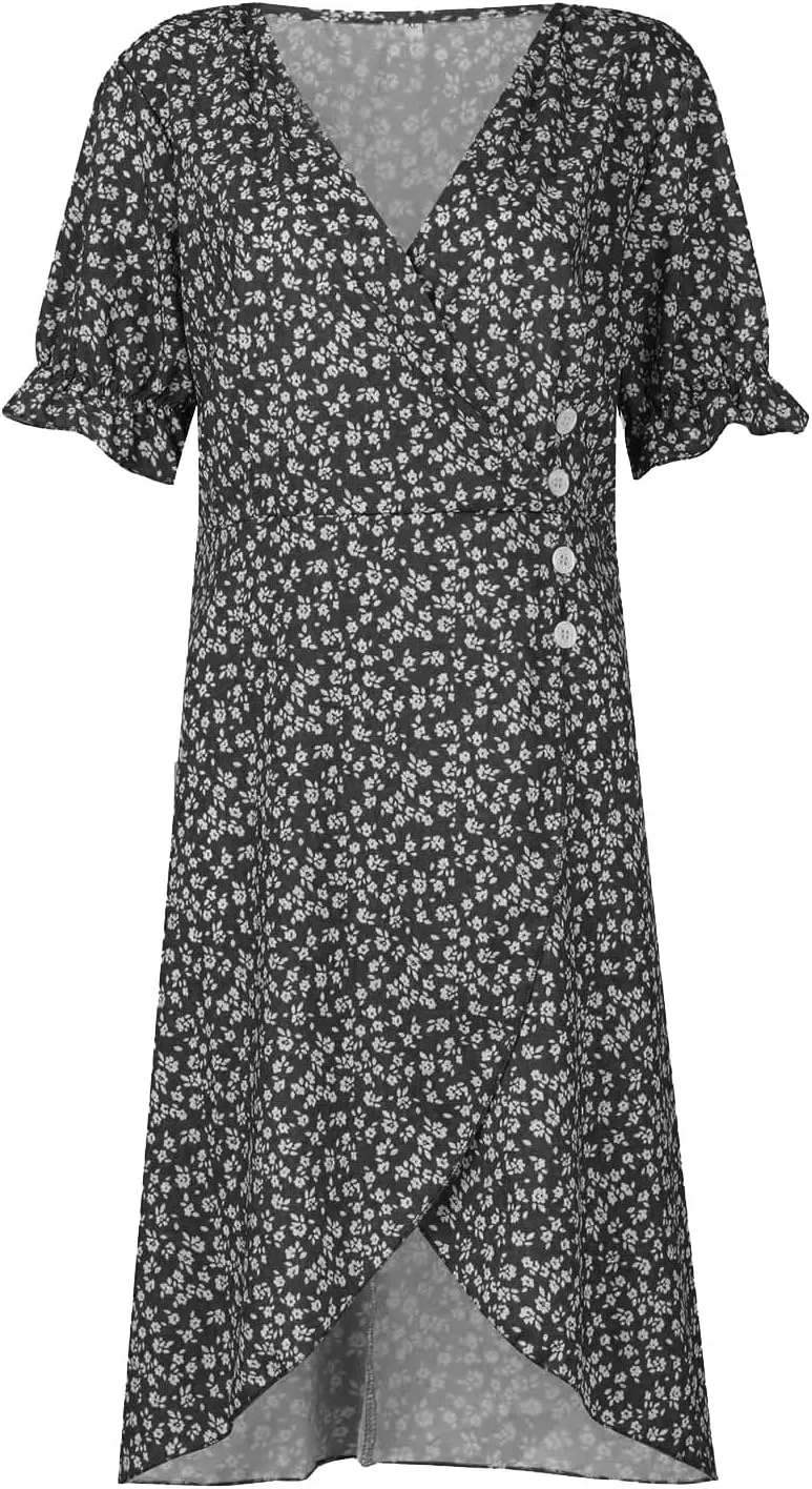 Spring Dresses for Women 2025 Fashion Floral Print V Neck 3/4 Sleeve Dress High Waist Boho Dresses Wrap Maxi Dress