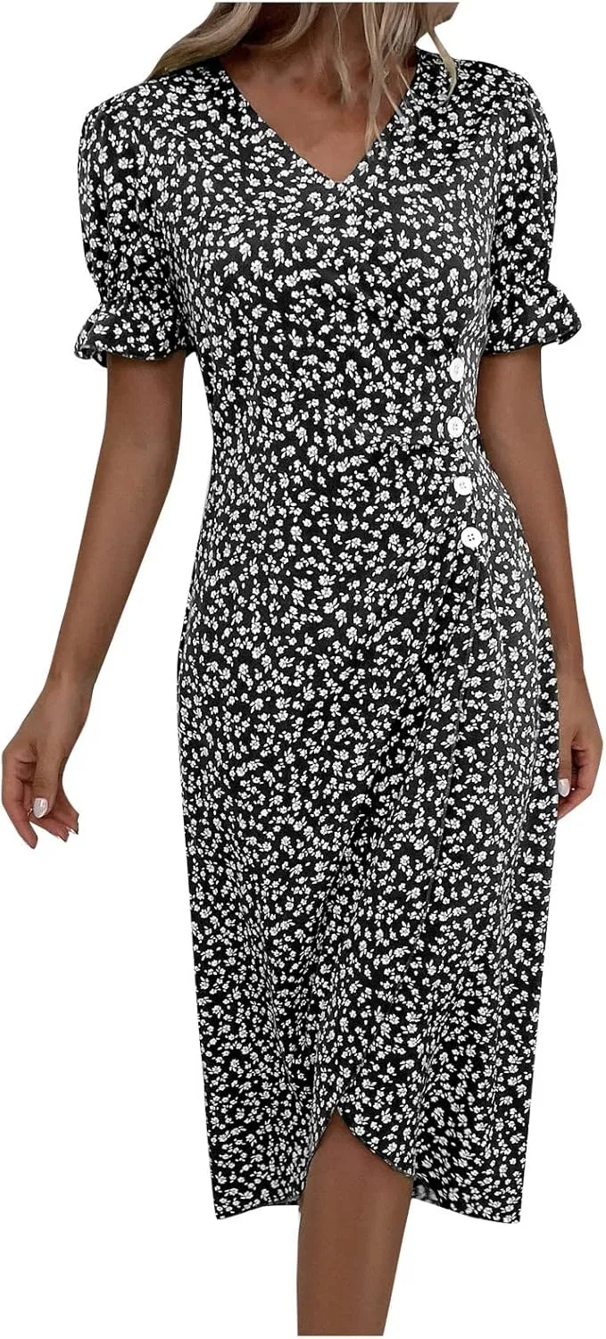 Spring Dresses for Women 2025 Fashion Floral Print V Neck 3/4 Sleeve Dress High Waist Boho Dresses Wrap Maxi Dress