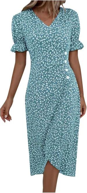 Spring Dresses for Women 2025 Fashion Floral Print V Neck 3/4 Sleeve Dress High Waist Boho Dresses Wrap Maxi Dress