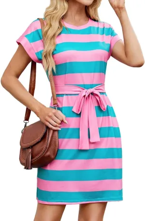 Striped Dress for Women Casual Summer Cap Sleeve Tie Front Belted Color Block Short Tshirt Dress Modest Shift Dresses