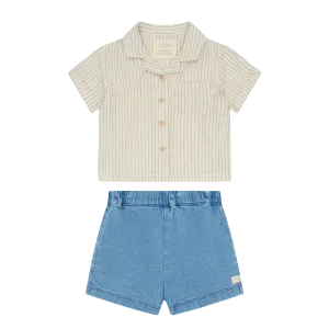 Striped Muslin Short Sleeve Shirt & Denim Shorts Set