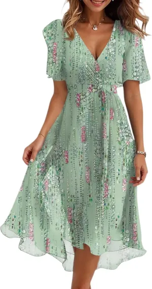 Summer Chiffon Dresses for Women Formal Elegant V Neck Wrap Floral Midi Dress Flowy Belted Short Sleeve Prom Dresses