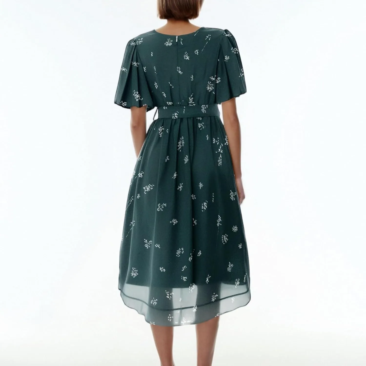 Summer Chiffon Dresses for Women Formal Elegant V Neck Wrap Floral Midi Dress Flowy Belted Short Sleeve Prom Dresses