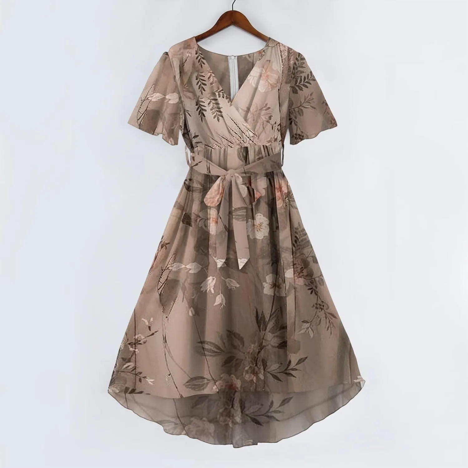 Summer Chiffon Dresses for Women Formal Elegant V Neck Wrap Floral Midi Dress Flowy Belted Short Sleeve Prom Dresses