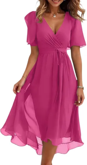 Summer Chiffon Dresses for Women Formal Elegant V Neck Wrap Floral Midi Dress Flowy Belted Short Sleeve Prom Dresses