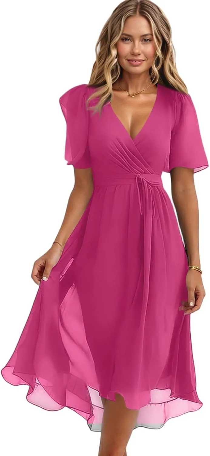 Summer Chiffon Dresses for Women Formal Elegant V Neck Wrap Floral Midi Dress Flowy Belted Short Sleeve Prom Dresses