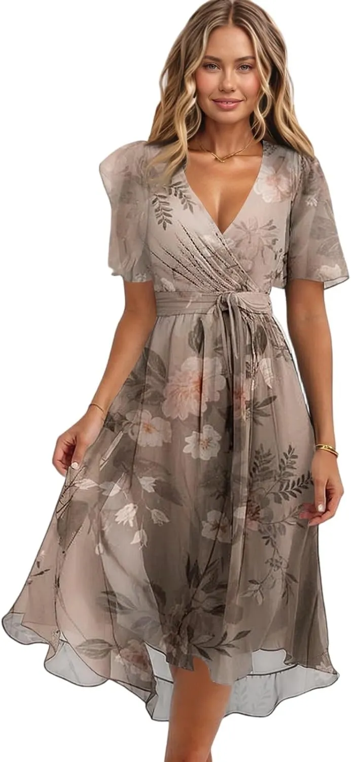 Summer Chiffon Dresses for Women Formal Elegant V Neck Wrap Floral Midi Dress Flowy Belted Short Sleeve Prom Dresses