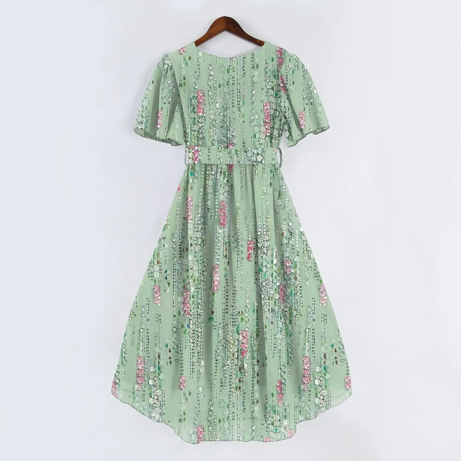 Summer Chiffon Dresses for Women Formal Elegant V Neck Wrap Floral Midi Dress Flowy Belted Short Sleeve Prom Dresses