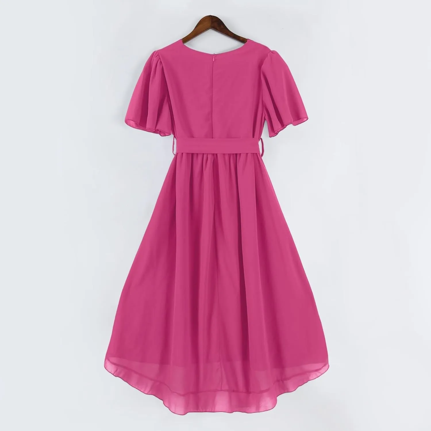 Summer Chiffon Dresses for Women Formal Elegant V Neck Wrap Floral Midi Dress Flowy Belted Short Sleeve Prom Dresses