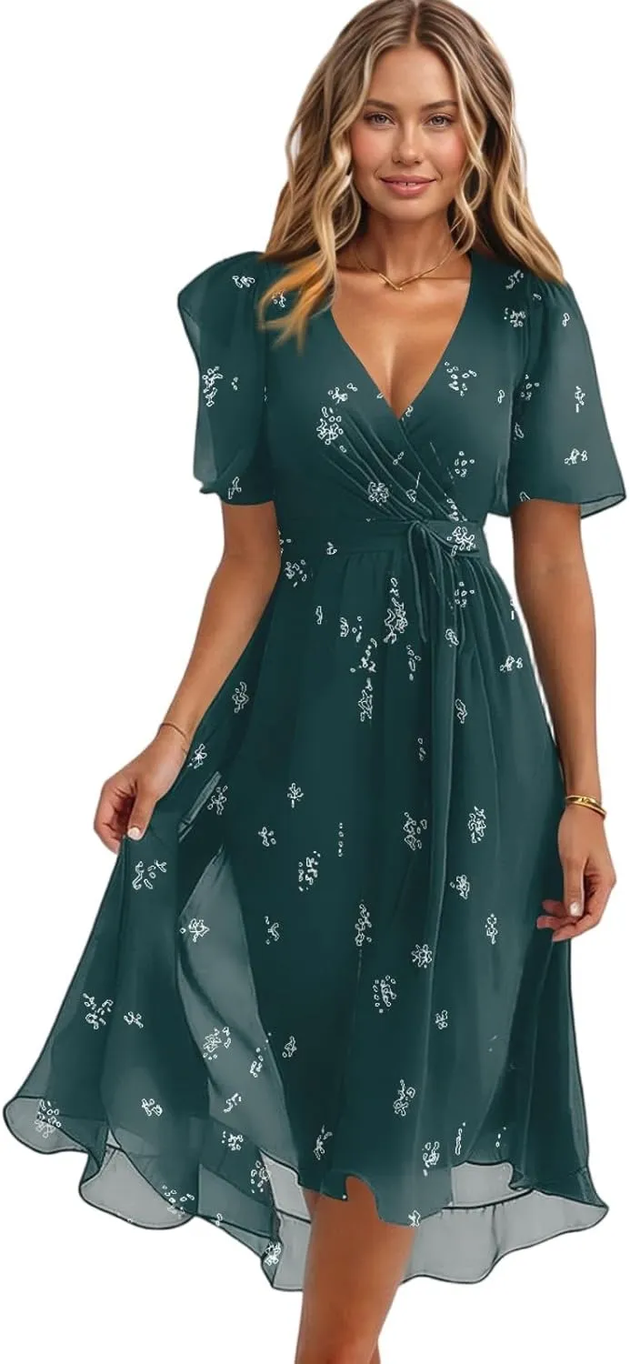 Summer Chiffon Dresses for Women Formal Elegant V Neck Wrap Floral Midi Dress Flowy Belted Short Sleeve Prom Dresses