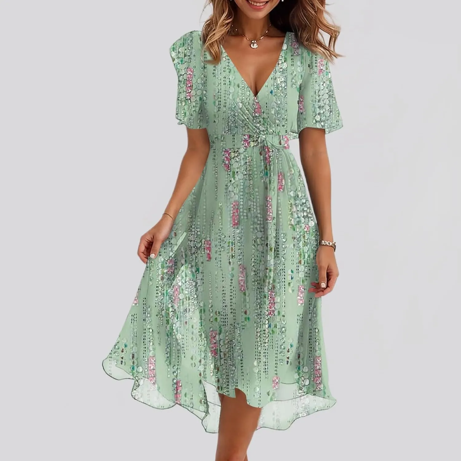 Summer Chiffon Dresses for Women Formal Elegant V Neck Wrap Floral Midi Dress Flowy Belted Short Sleeve Prom Dresses