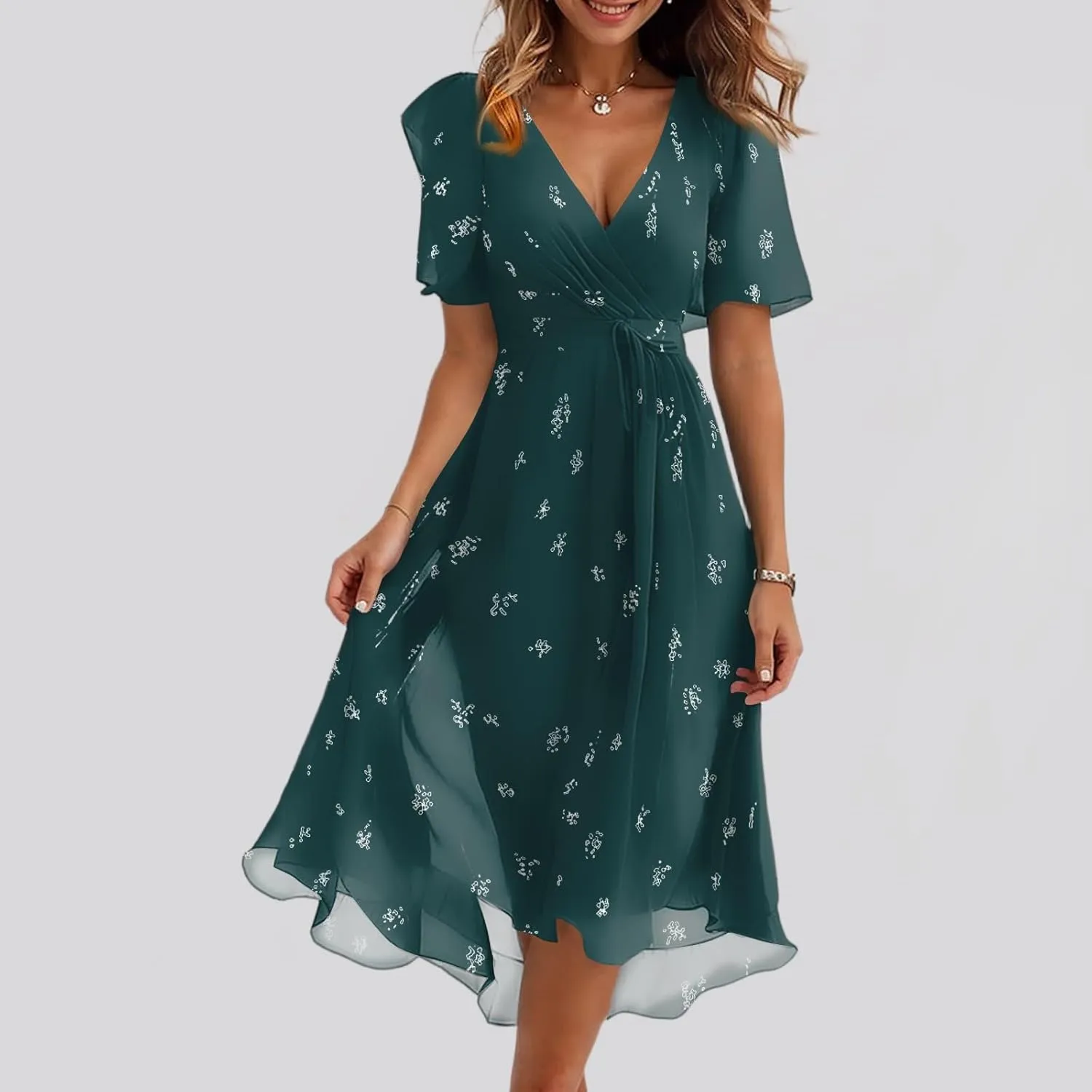 Summer Chiffon Dresses for Women Formal Elegant V Neck Wrap Floral Midi Dress Flowy Belted Short Sleeve Prom Dresses