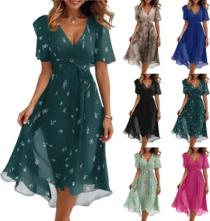 Summer Chiffon Dresses for Women Formal Elegant V Neck Wrap Floral Midi Dress Flowy Belted Short Sleeve Prom Dresses