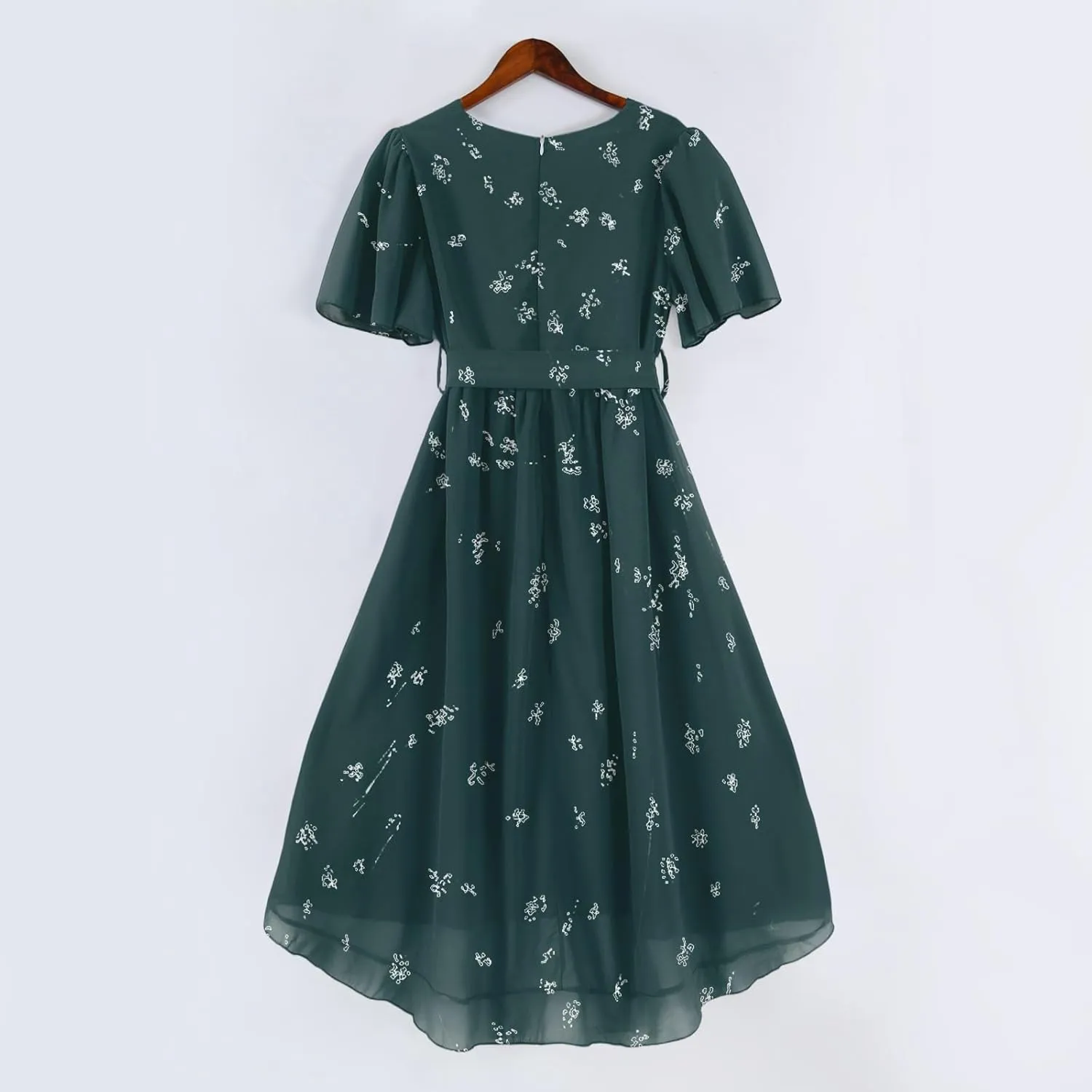 Summer Chiffon Dresses for Women Formal Elegant V Neck Wrap Floral Midi Dress Flowy Belted Short Sleeve Prom Dresses