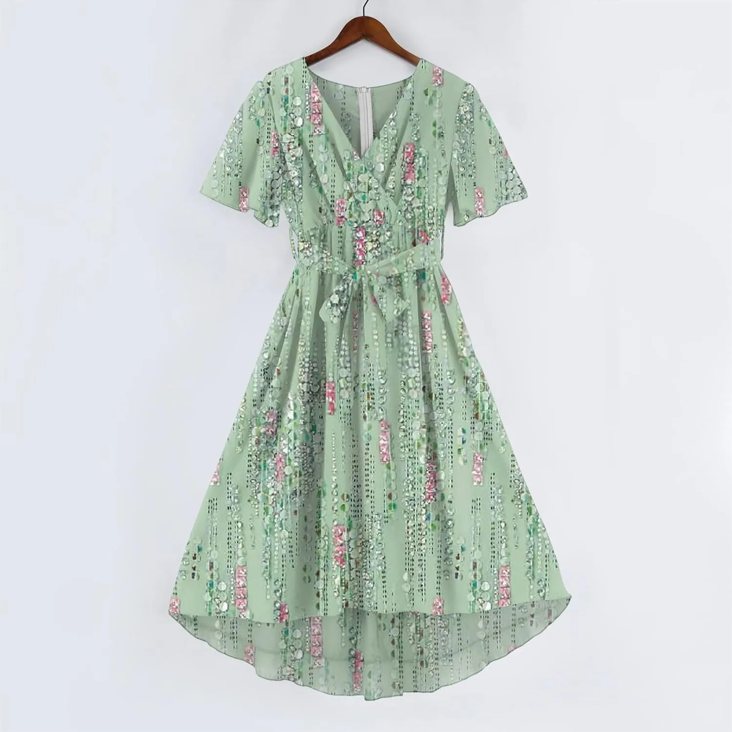 Summer Chiffon Dresses for Women Formal Elegant V Neck Wrap Floral Midi Dress Flowy Belted Short Sleeve Prom Dresses