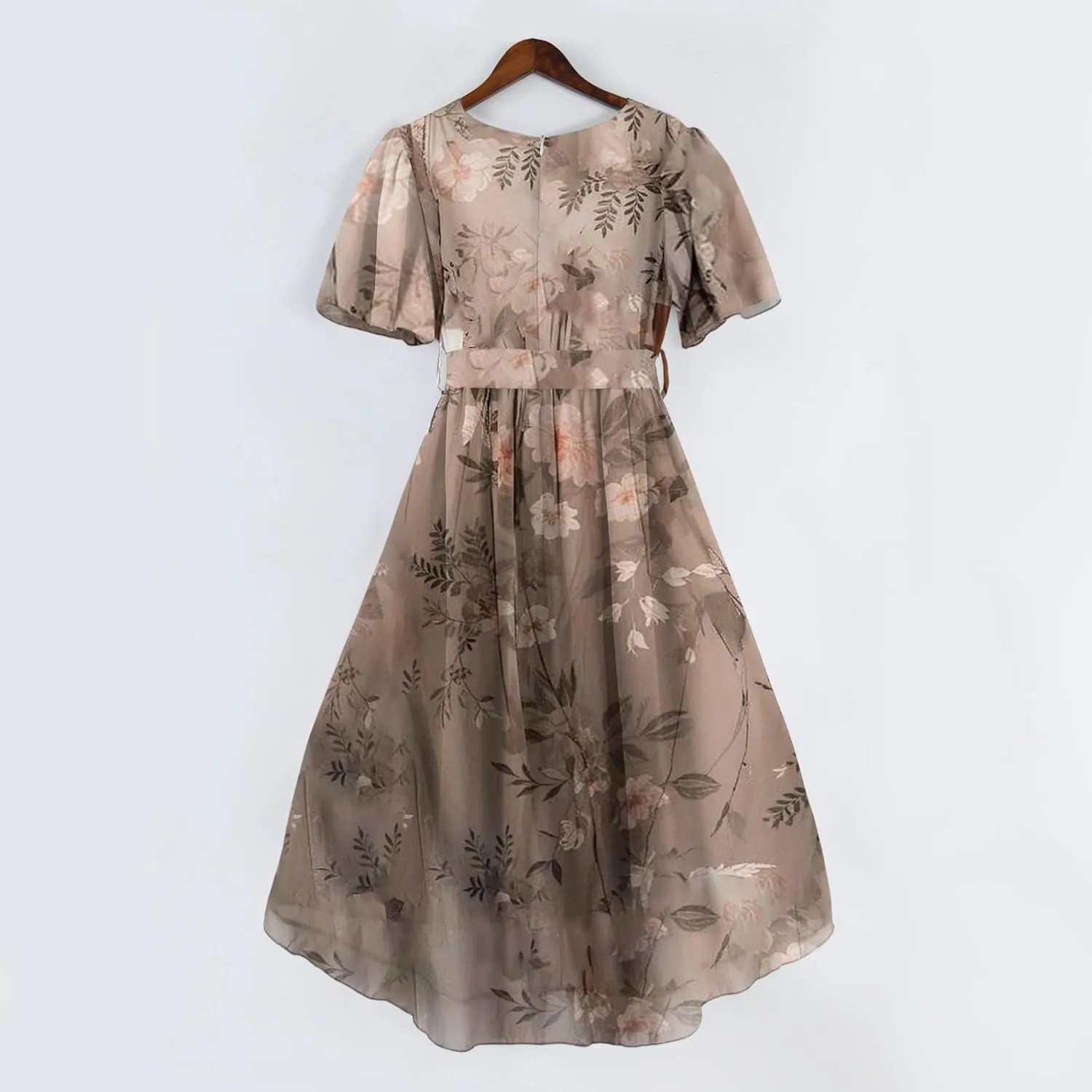 Summer Chiffon Dresses for Women Formal Elegant V Neck Wrap Floral Midi Dress Flowy Belted Short Sleeve Prom Dresses