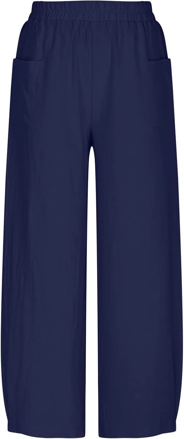 Summer Cotton Linen Pants Women Elastic Waist Straight Pant Wide Leg Beach Trousers Cozy Lightweight Resort Pants