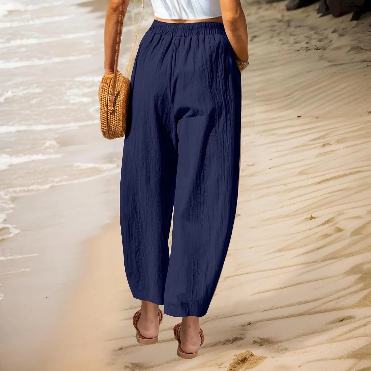 Summer Cotton Linen Pants Women Elastic Waist Straight Pant Wide Leg Beach Trousers Cozy Lightweight Resort Pants