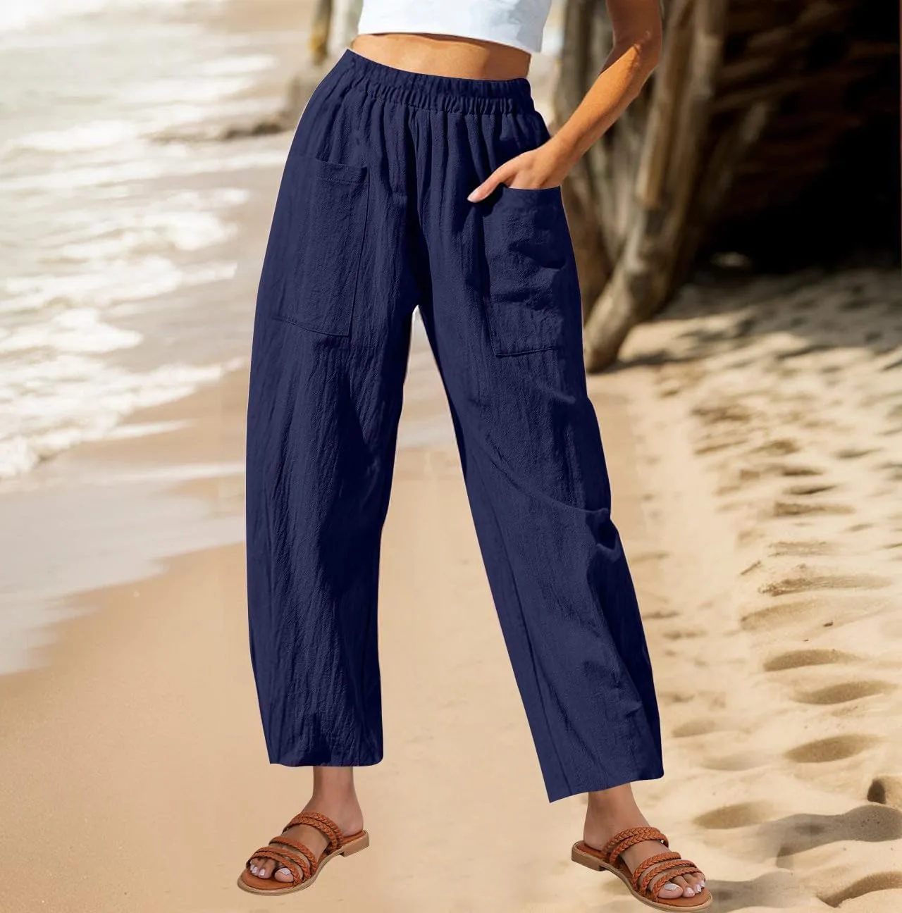 Summer Cotton Linen Pants Women Elastic Waist Straight Pant Wide Leg Beach Trousers Cozy Lightweight Resort Pants