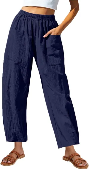 Summer Cotton Linen Pants Women Elastic Waist Straight Pant Wide Leg Beach Trousers Cozy Lightweight Resort Pants