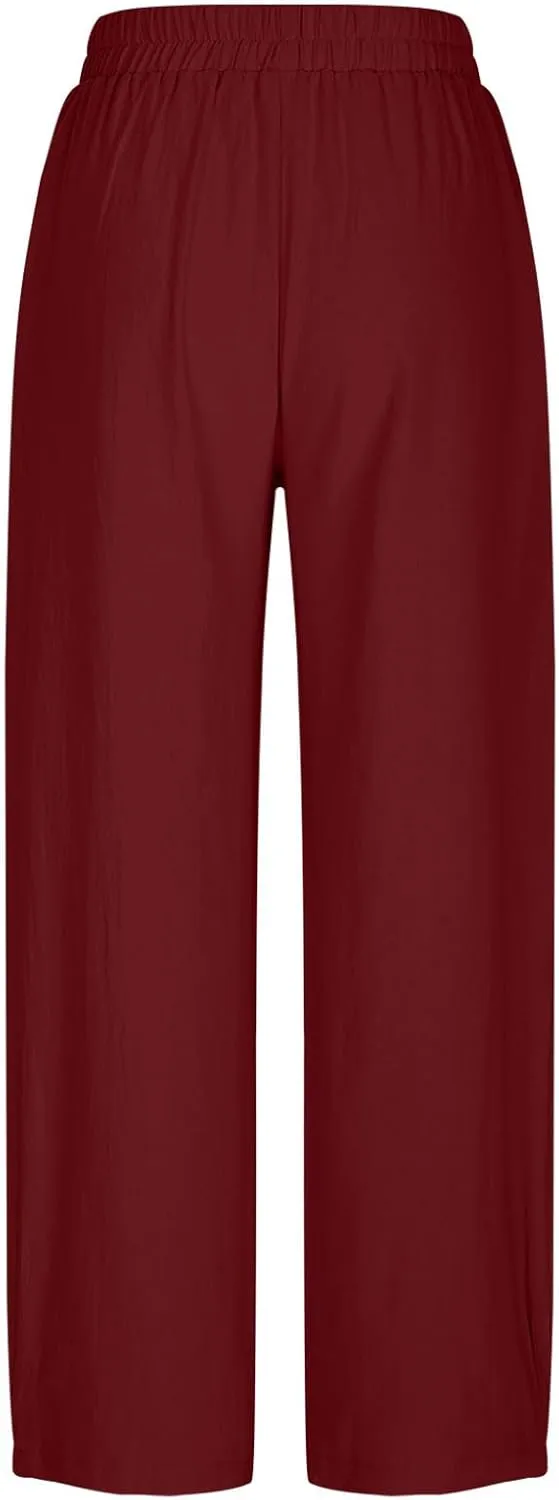 Summer Cotton Linen Pants Women Elastic Waist Straight Wide Leg Beach Trousers Cozy Lightweight Resort Pant Plus Size