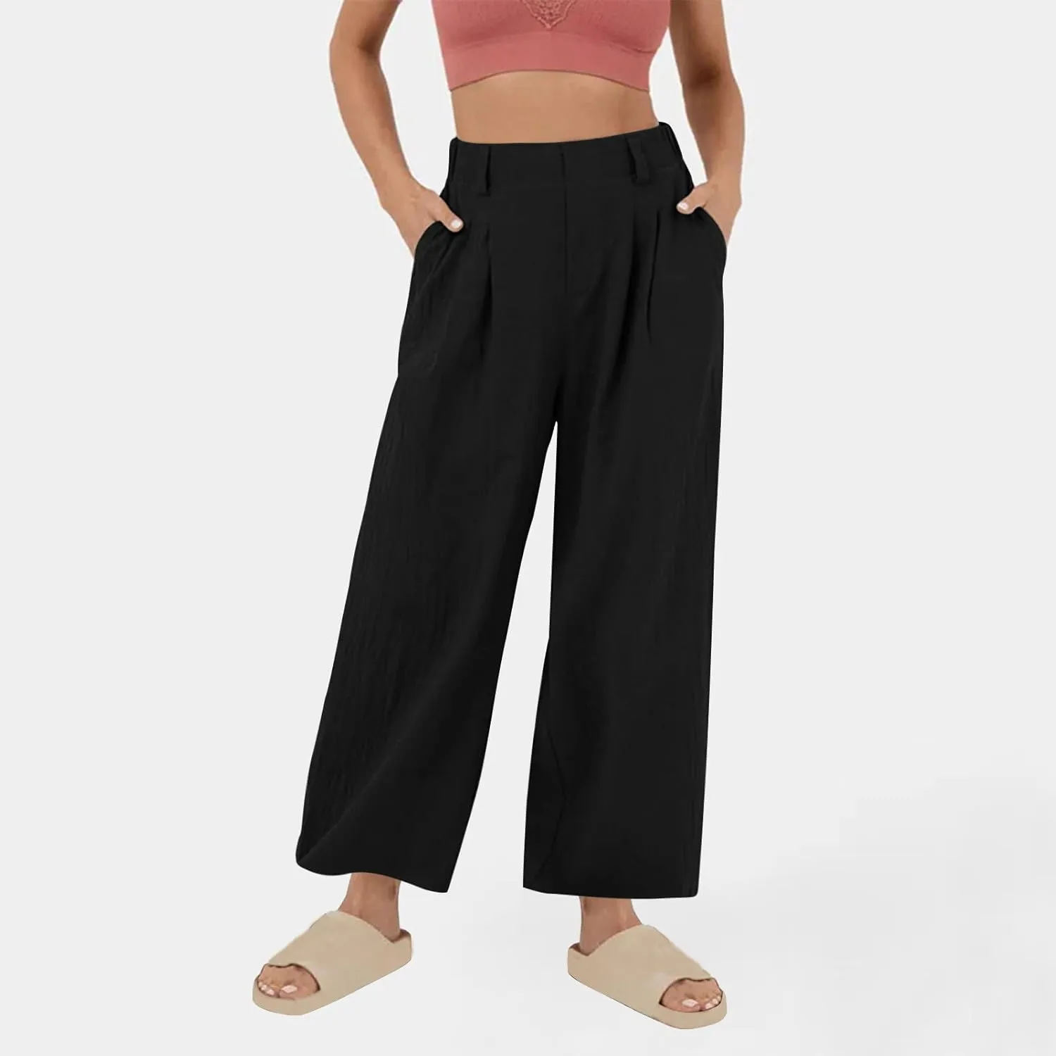 Summer Cotton Linen Pants Women Elastic Waist Straight Wide Leg Beach Trousers Cozy Lightweight Resort Pant Plus Size