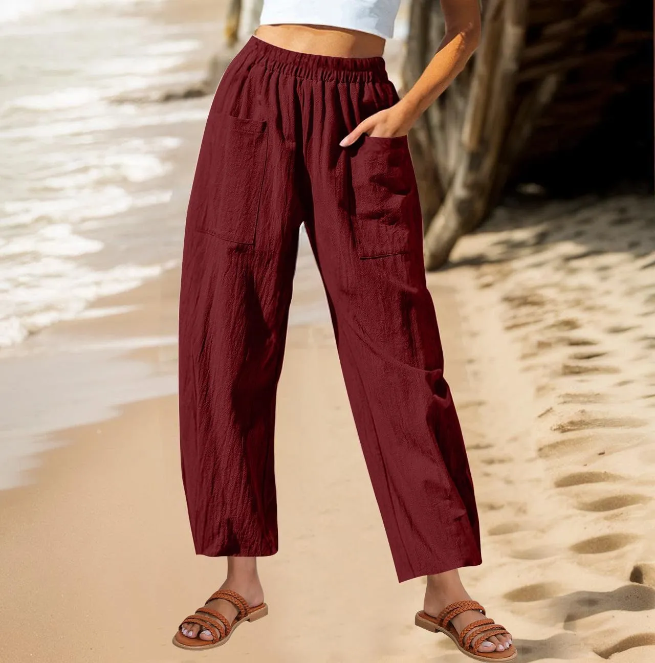 Summer Cotton Linen Pants Women Elastic Waist Straight Wide Leg Beach Trousers Cozy Lightweight Resort Pant Plus Size