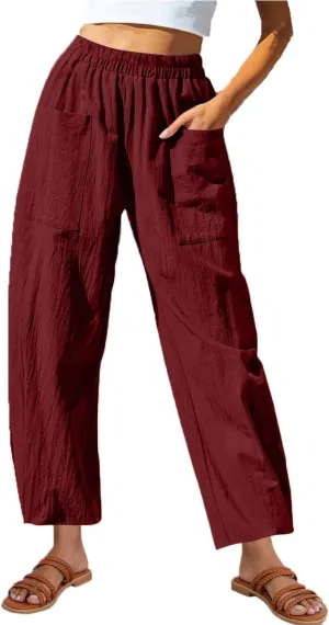 Summer Cotton Linen Pants Women Elastic Waist Straight Wide Leg Beach Trousers Cozy Lightweight Resort Pant Plus Size