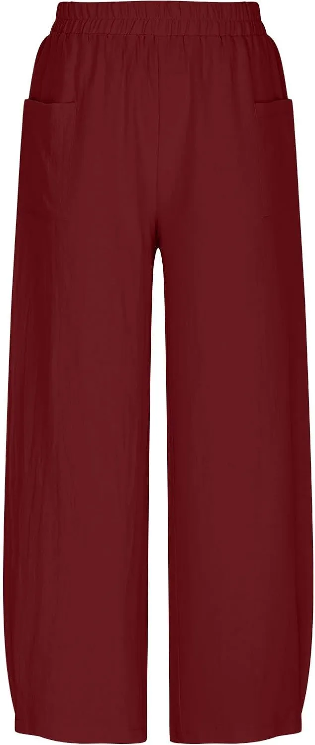 Summer Cotton Linen Pants Women Elastic Waist Straight Wide Leg Beach Trousers Cozy Lightweight Resort Pant Plus Size