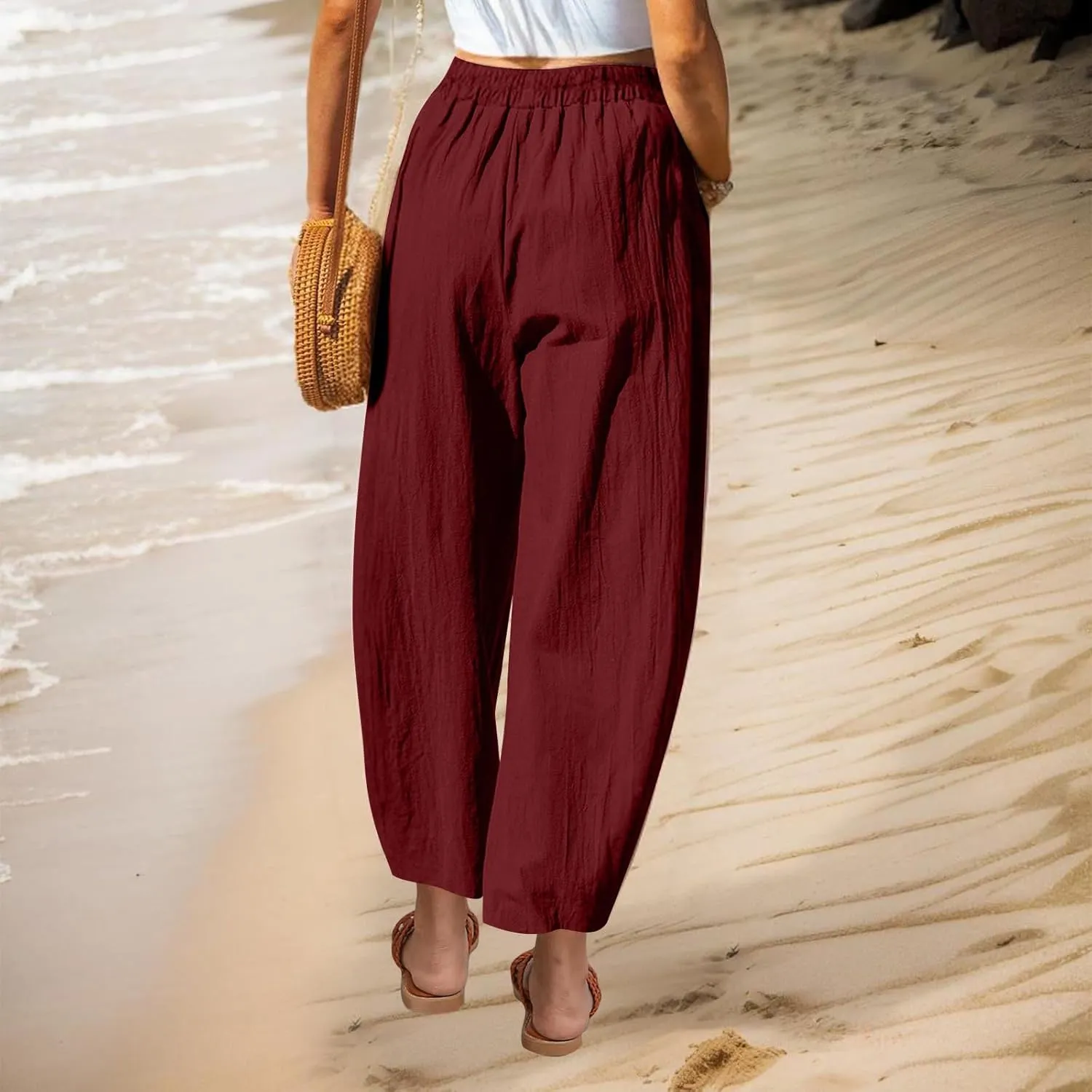 Summer Cotton Linen Pants Women Elastic Waist Straight Wide Leg Beach Trousers Cozy Lightweight Resort Pant Plus Size