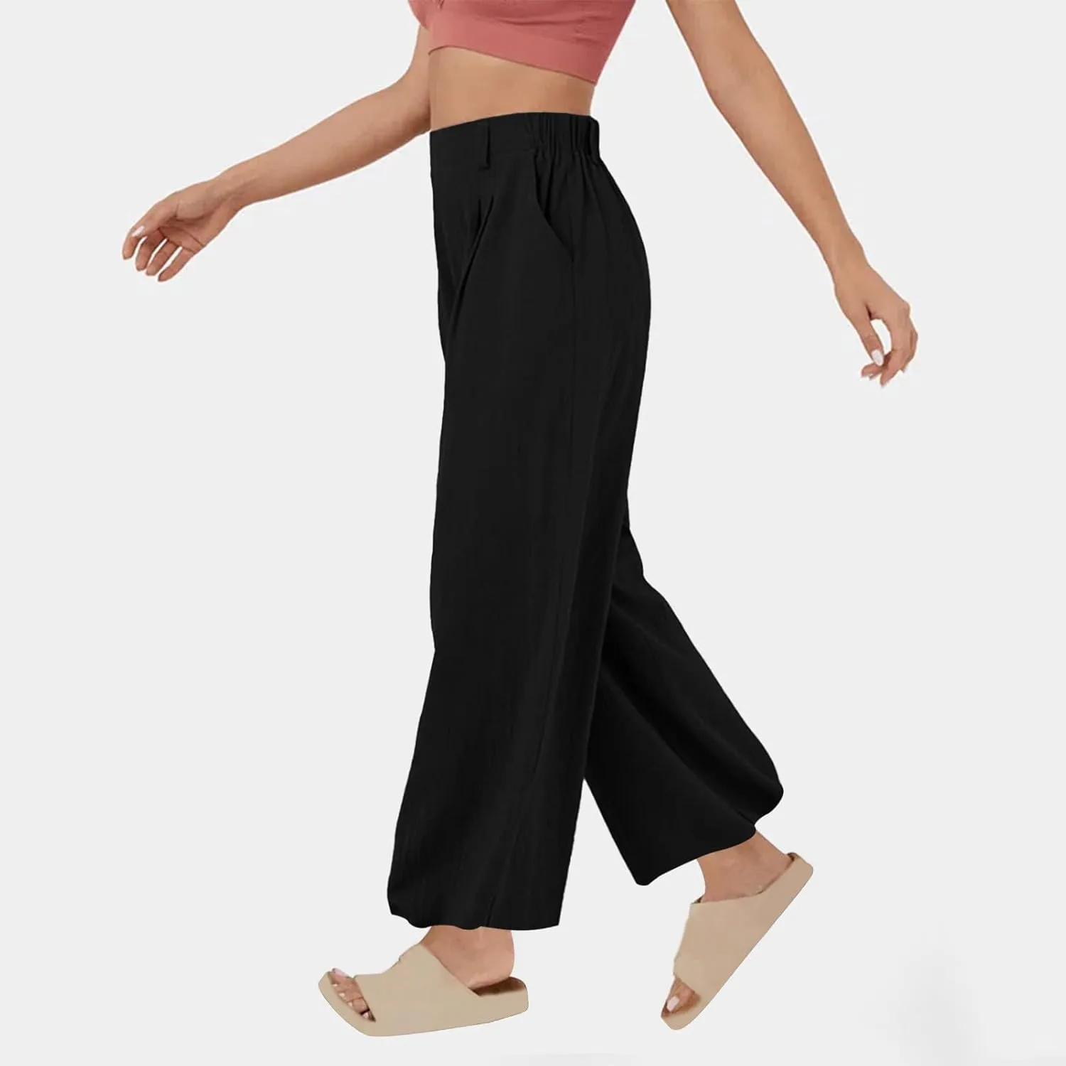 Summer Cotton Linen Pants Women Elastic Waist Straight Wide Leg Beach Trousers Cozy Lightweight Resort Pant Plus Size