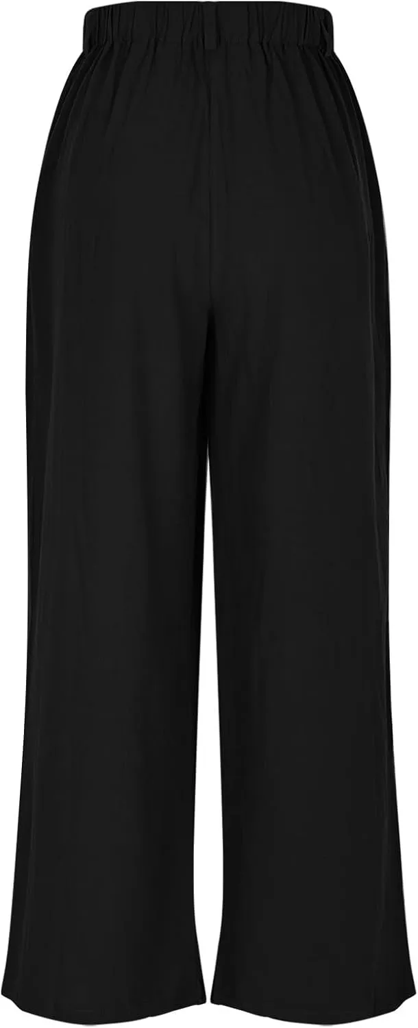 Summer Cotton Linen Pants Women Elastic Waist Straight Wide Leg Beach Trousers Cozy Lightweight Resort Pant Plus Size