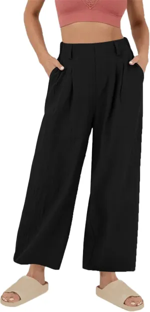 Summer Cotton Linen Pants Women Elastic Waist Straight Wide Leg Beach Trousers Cozy Lightweight Resort Pant Plus Size