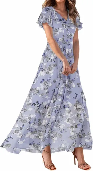 Summer Dresses for Women 2024 Flowy Elegant Summer Maxi Dress Floral Chiffon Short Sleeve V-Neck Garden Party Dress (03-Purple,Small)