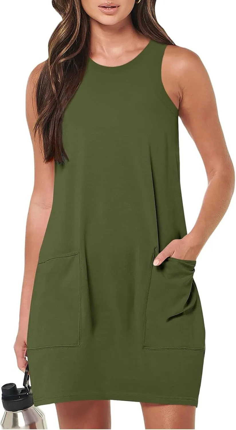 Summer Dresses for Women 2024 Trendy Scoop Neck Tank Dress Sleeveless Dressy Casual Sundress with Pocket
