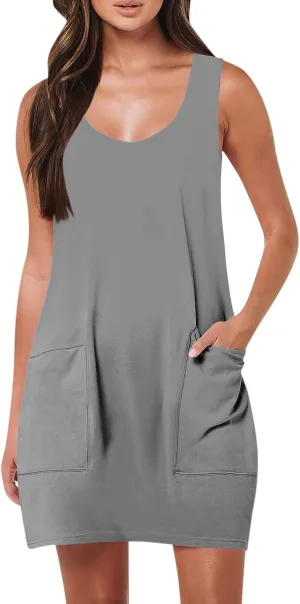 Summer Dresses for Women 2024 Trendy Scoop Neck Tank Dress Sleeveless Dressy Casual Sundress with Pocket