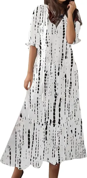 Summer Dresses for Women 2025 Casual Half Sleeve V Neck Boho Maxi Dress Plus Size Loose Flowy Beach Long Sundress